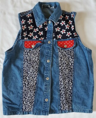Shelly & Arnold Denim Vest Medium Button Front Blue Red White Western Stain
