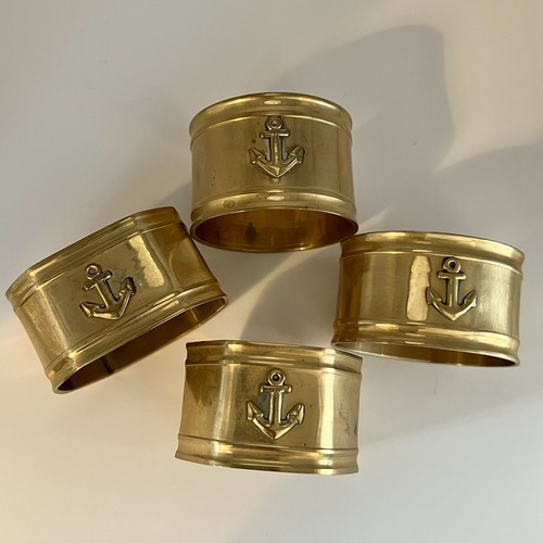 VINTAGE BRASS Set of 8 Raised Anchor NAPKIN RINGS Nautical Navy Beach Coast - Picture 2 of 4