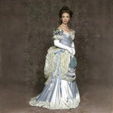 Historic Victorian Prom Dresses Snap Shoulder Satin Blue Lace Trim Pleated Tulle