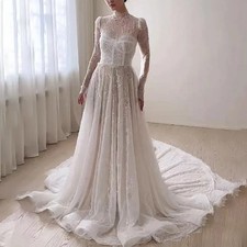 Retro Lace Wedding Dress A-Line High-Neck Applique Princess Bride Gown
