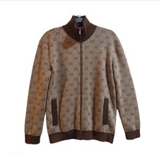 Gucci GG Monogram Zip Cardigan Tan Brown Jacquard Wool Knit Bomber Made In Italy