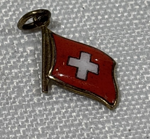 Vintage Brass? And Enamel Switzerland Travel Shield Flag Charm Plus Gentian - 第 1/4 張圖片