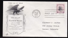 $1 WOODROW WILSON REISSUE #832C US FIRST DAY COVER 1954, ARTCRAFT CACHET FDC