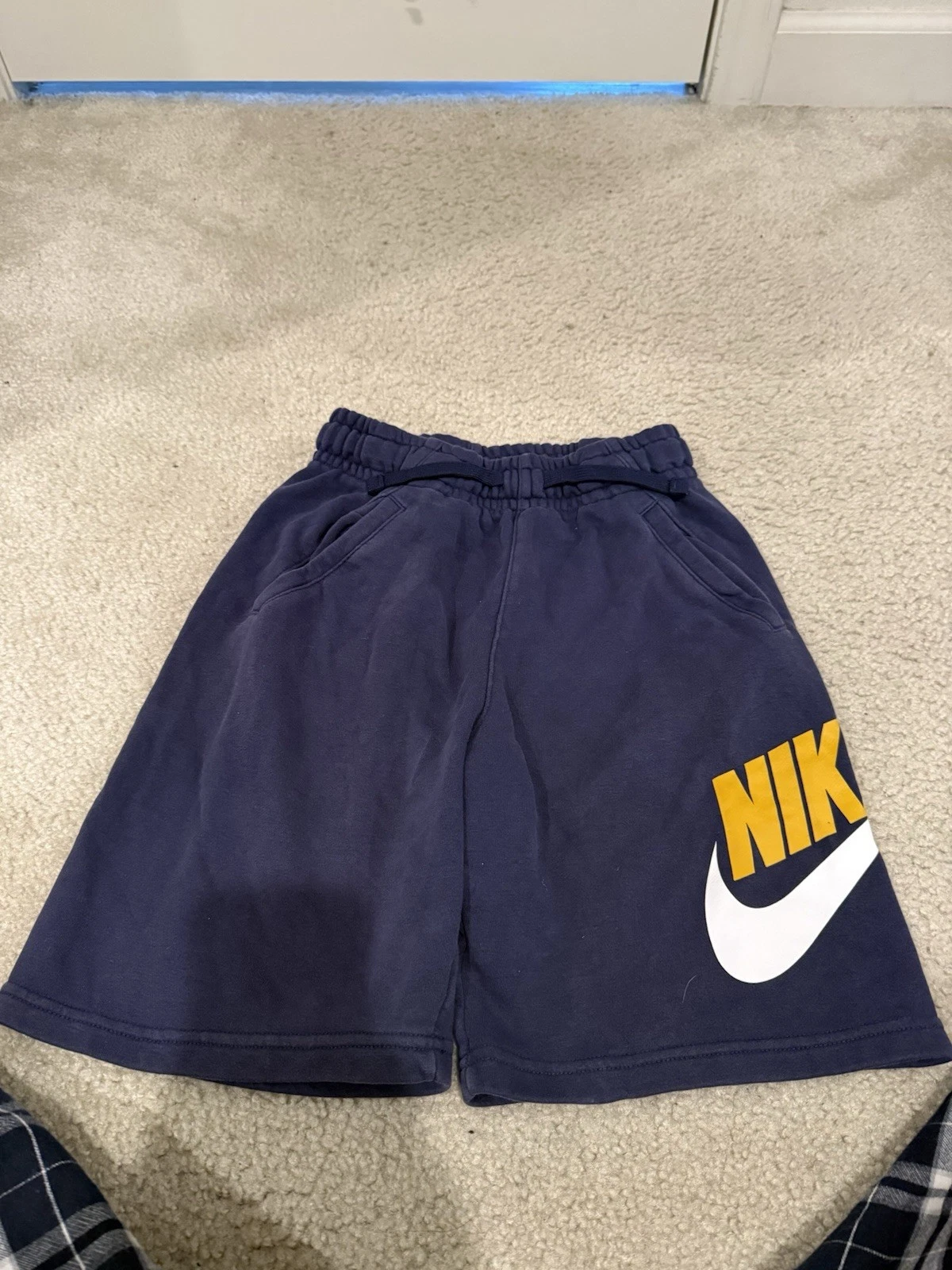 Nike kids Sweat Shorts Navy Blue Yellow White Logo Drawstring Elastic Waist