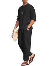 Men's 2 PC Cotton Linen Set Long Sleeve Henley Shirts & Beach Pants Black 2XL