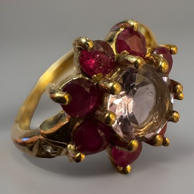 Edelsteine TV 9 kt Gelbgold 375 Amethyst Rubin & Diamant Ring Größe N Blume Cluster
