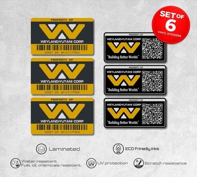 Weyland Yutani Asset Tags Set of 6 Stickers Alien Vinyl Decals Sci Fi