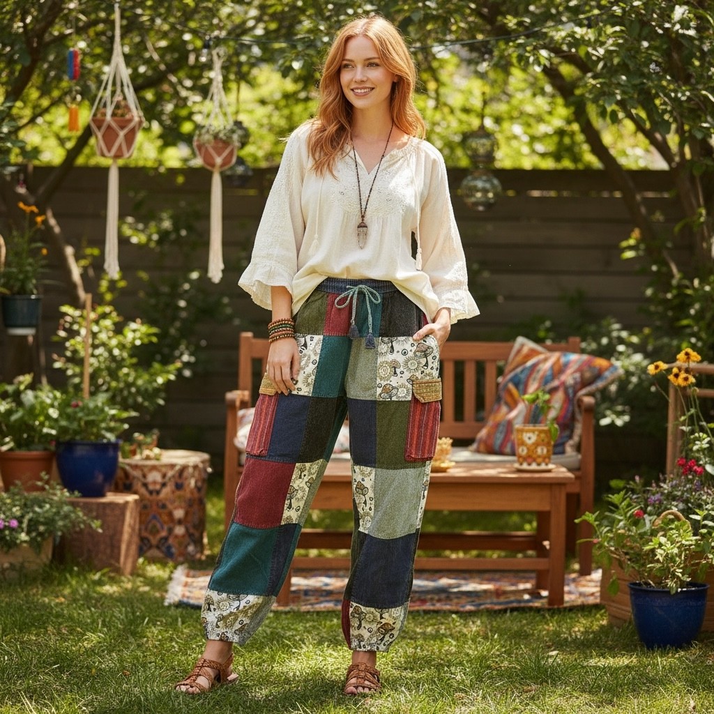 Rising International Boho Patchwork Cargo Jogger … - image 2