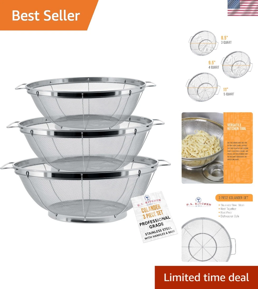 Set of 3 Stainless Steel Colander Strainers Net Baskets 5, 4, & 3-Quart - Col...