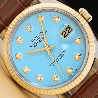 ROLEX Herren Datejust 16013 Uhr 18K Gold Stahl Aqua Blau Diamanten Lederarmband