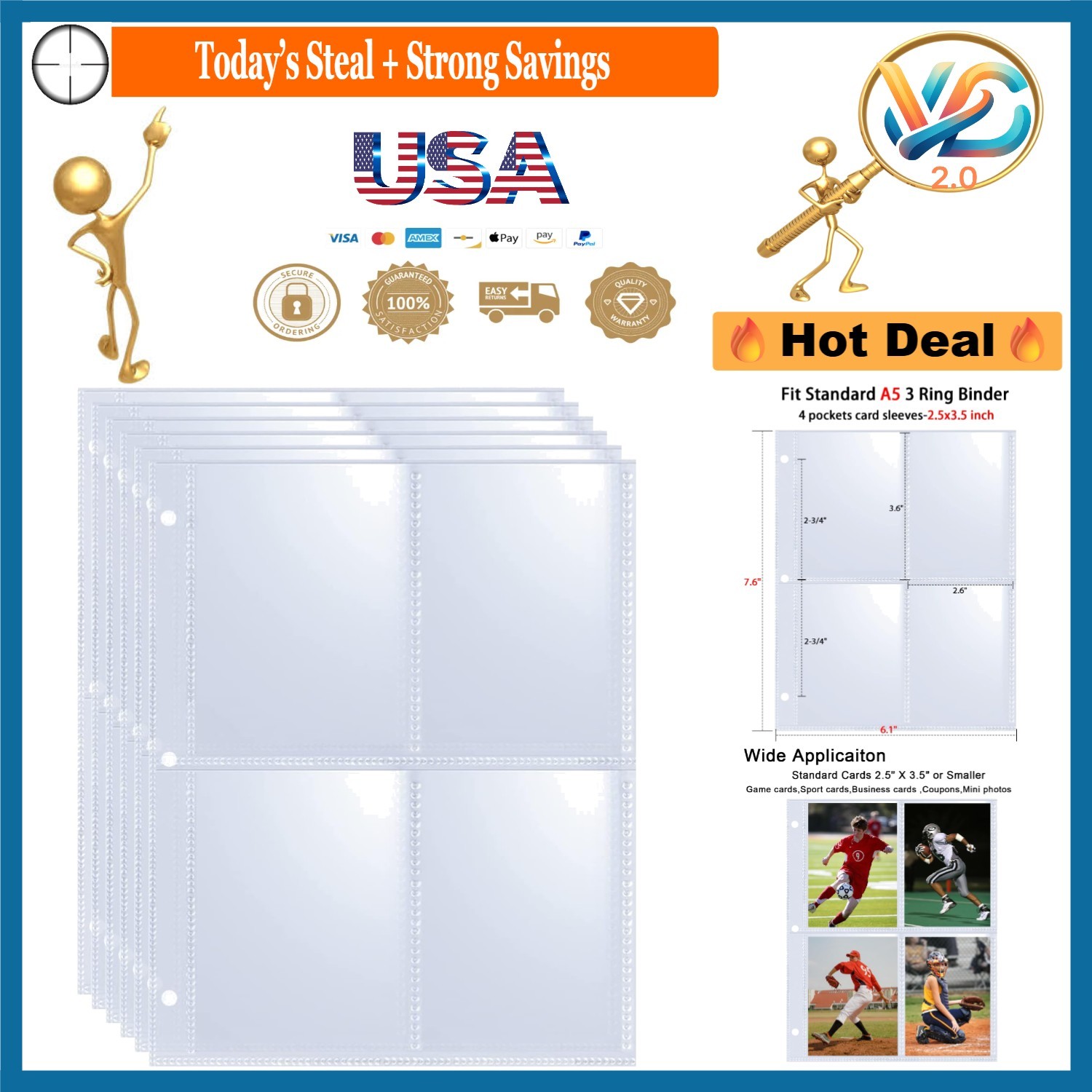 a5 trading card sleeves 20 Pack Trading Card Sleeves for 2.5x3.5 Cards A5 Binder Pages 4 Pocket