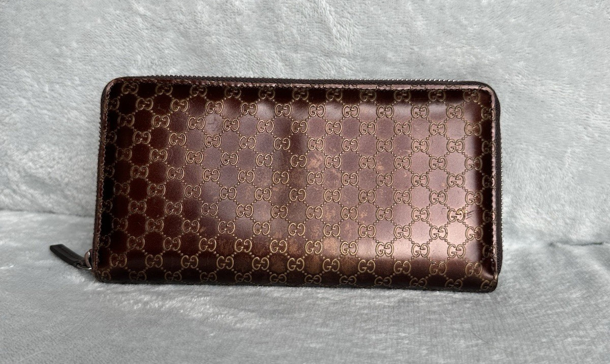 Gucci Micro GG Guccissima Patent Leather Zip Around Wallet Brown Copper