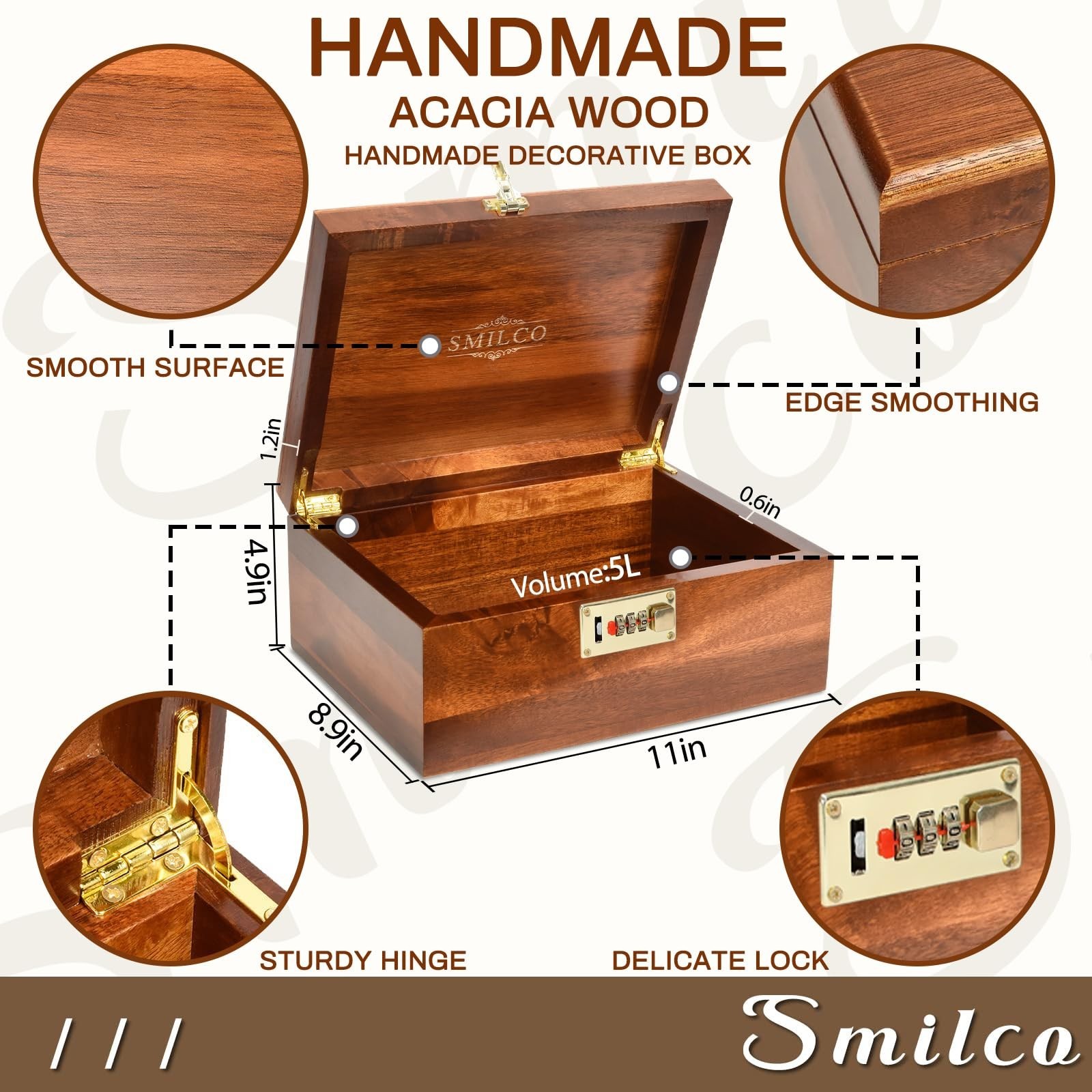 Smilco Wooden Storage Box with Hinged Lid Acacia Wood Hand-Crafted Wooden Box...