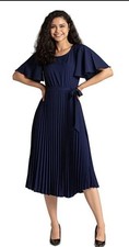 Womens Navy Blue Flutter Sleeve Pleated Maxi Belted Dress Large