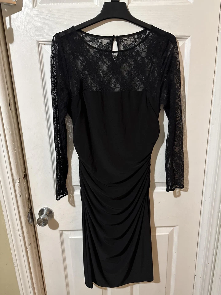 Vestido American Living para mujer 14 negro de encaje acanalado manga larga forrado de cóctel Foto 2 de 4