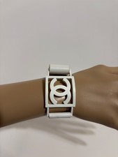 Vtg Chanel 04P White Leather CC Logo Bracelet