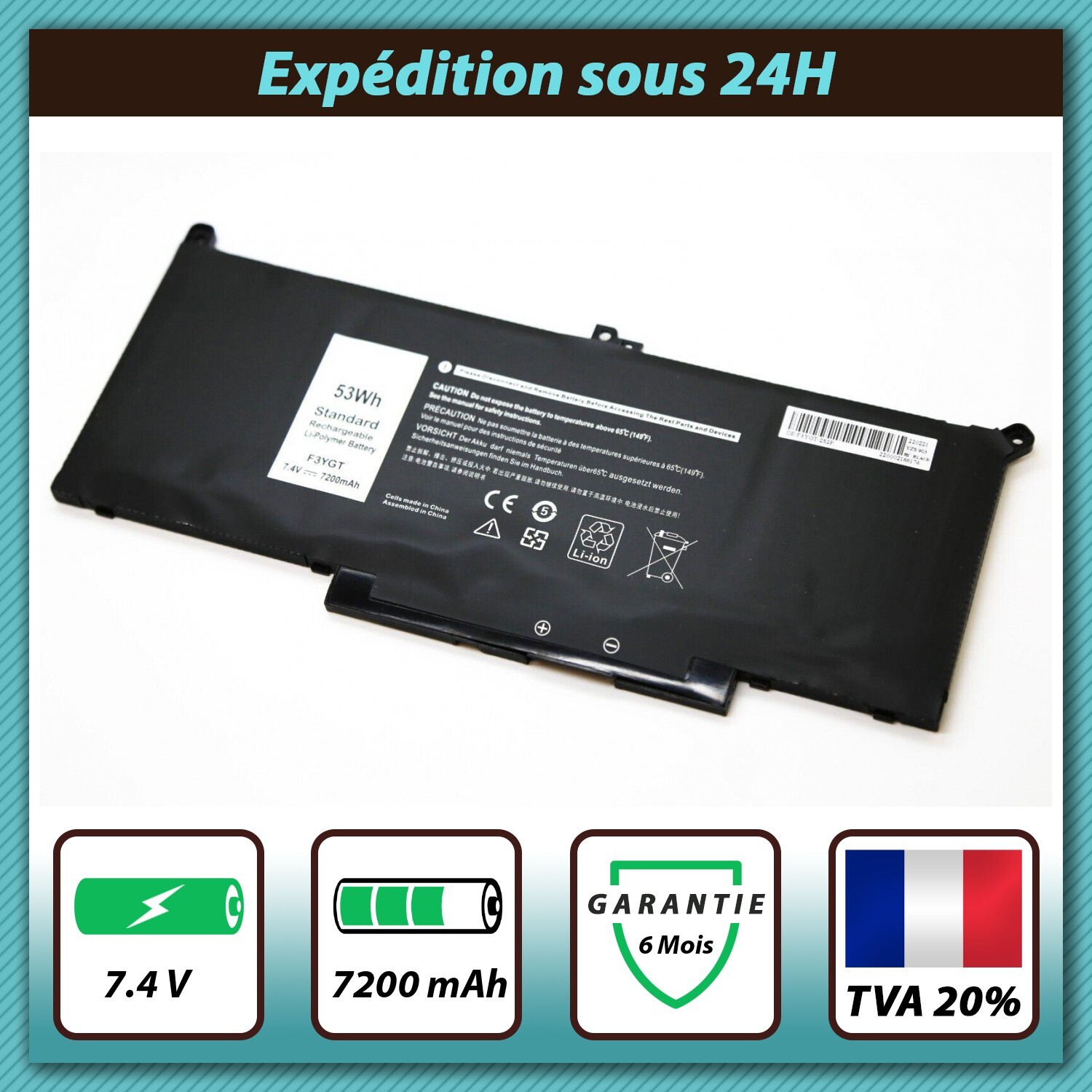 Batterie Dell N015L7390-D1606FCN haute capacité 7200mAh pour autonomie longue
