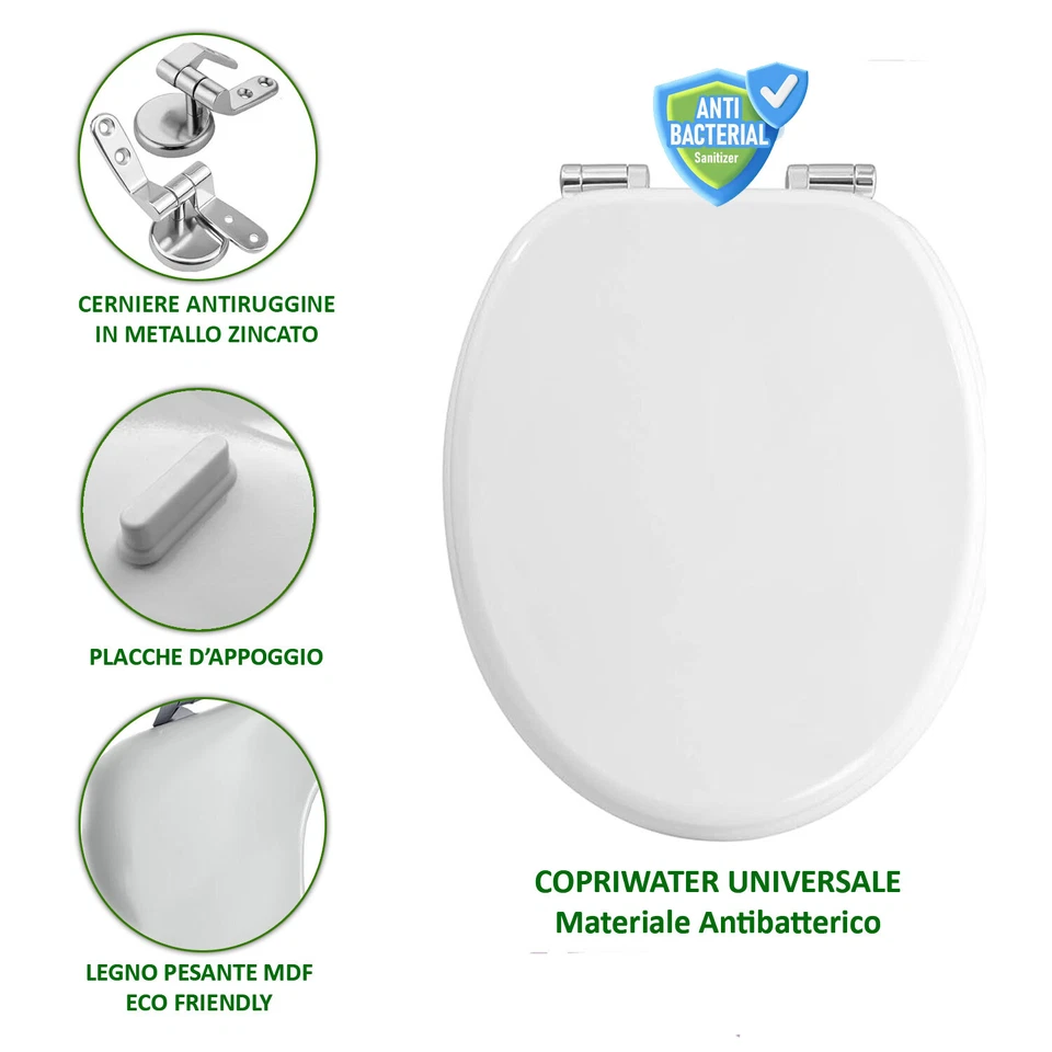 Copriwater Universale Copri WC Legno MDF Coprivaso Sedile Bianco Water pesante - Immagine 3 di 4