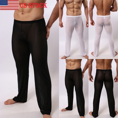 US Mens Sexy Pajama Bottoms See Through Trousers Yoga Pants Mesh Loose