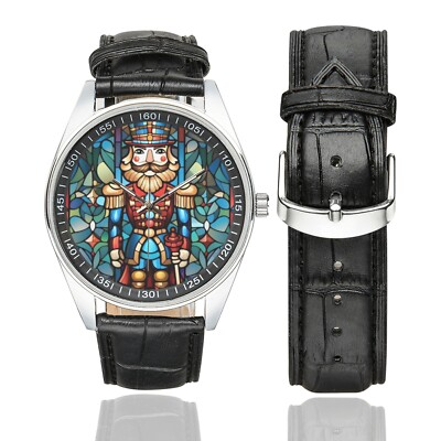 Stained Glass Nutcracker Watch with Black Leather Band For Adult
