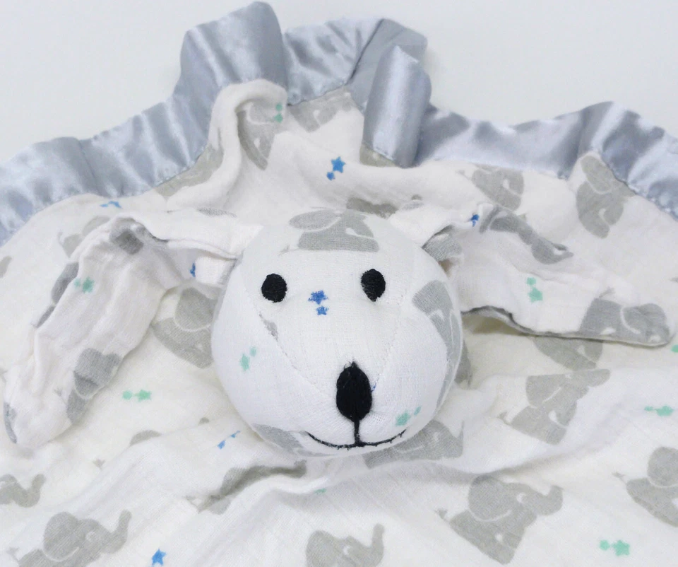 Aden+Anais Lovey Bunny Rabbit Elephant Stars Gray Satin Muslin Security Blanket - Image 2 of 4
