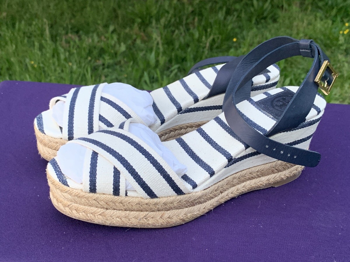 TORY BURCH ネイビー ホワイトドット エスパドリーユ24cm TORY BURCH new In box Navy & White Sailor Espadrille Wedges