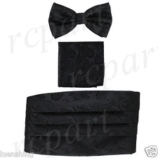 New In Box Brand Q Paisley Cummerbund Bowtie Hankie Set Wedding Prom Black