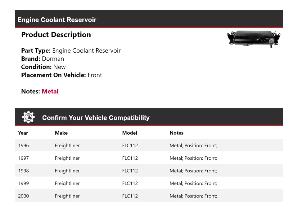 Depósito de refrigerante delantero 1997 para motor Freightliner FLC112 1996-2000 Dorman Foto 2 de 4