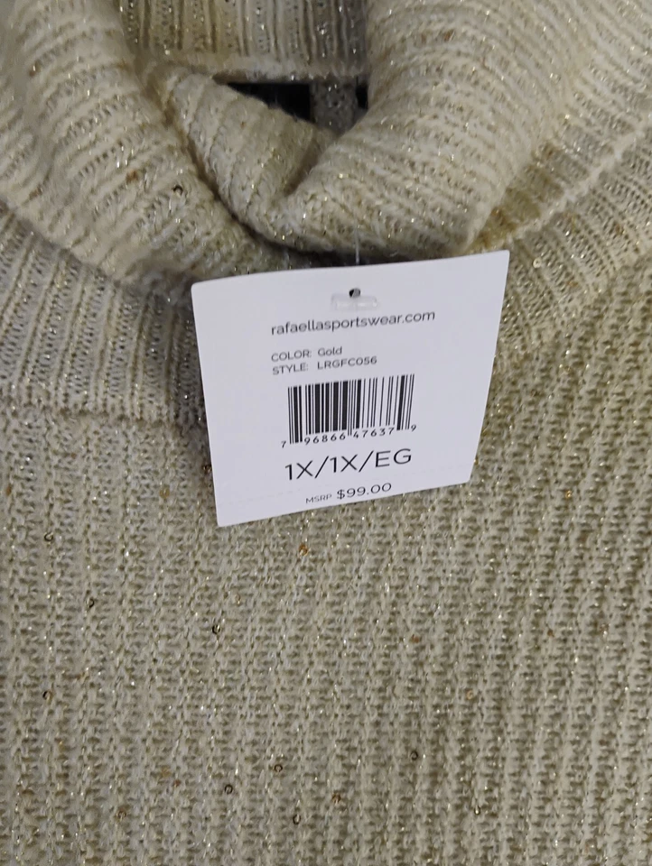 Suéter para mujer Ella Rafaella 1X Pullover tejido cuello alto manga larga lentejuelas doradas Foto 4 de 4