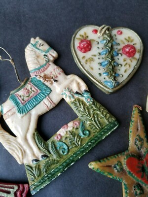 8 Vintage German Wax Christmas Ornaments, Horse, Angel, Heart