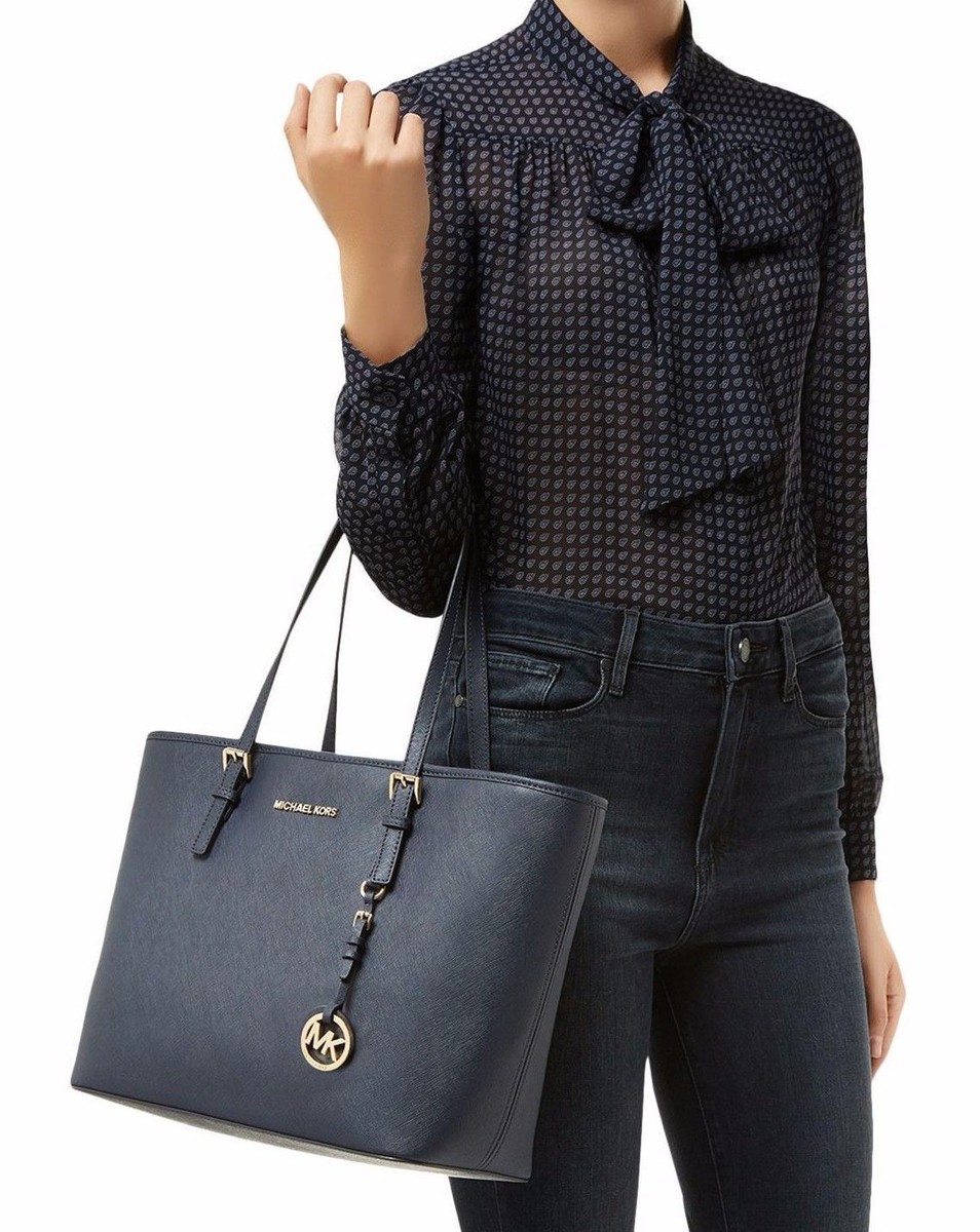 Michael Kors Jet Set Travel Saffiano Leather Tote 38F7GTVT3L Navy