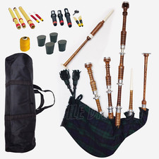 Highland Scottish Bagpipes Silver Mounts BlackWatch Cover with Bag Tutor Book