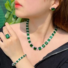 Green CZ Bridal Square Drop Wedding Necklace Earrings Bracelet Ring Jewelry Set
