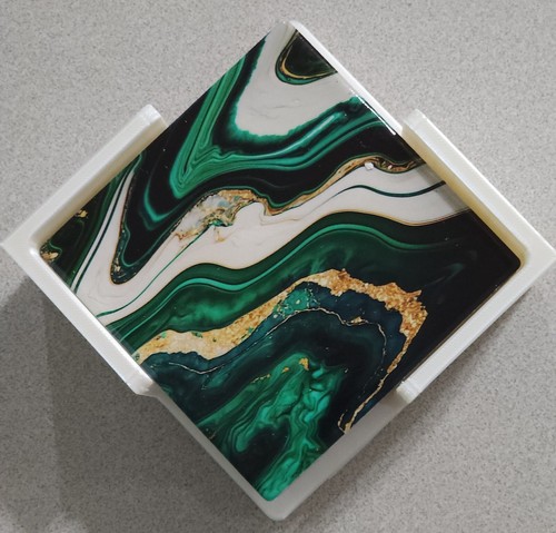 Ceramic Coaster Set M020 of 4 with Cork Pads, Holder & Printed MARBLE Pattern - Picture 5 of 7