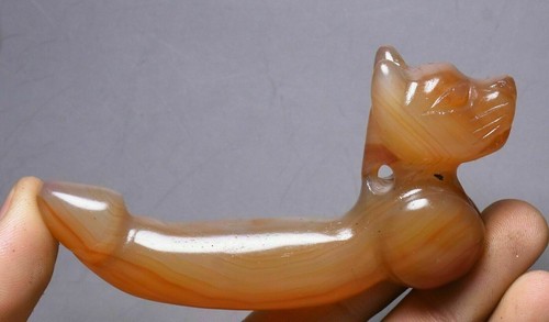 14CM Old China Hongshan Culture Red Agate Carving Beast Penis phallus