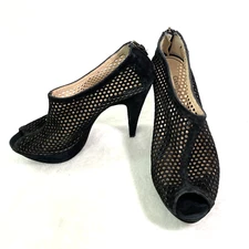 Gastone Lucioli Black Suede Peep Toe Perforated Platform Booties Size 38 1/2