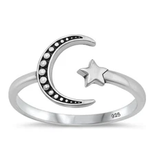 925 Sterling Silver Moon & Star Ring Nature Fashion Band 12.5mm Size 4-10