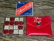 Vintage Fifteen 15 Slide Puzzle Game Travel Pocket Pouch Metal & Enamel EUC