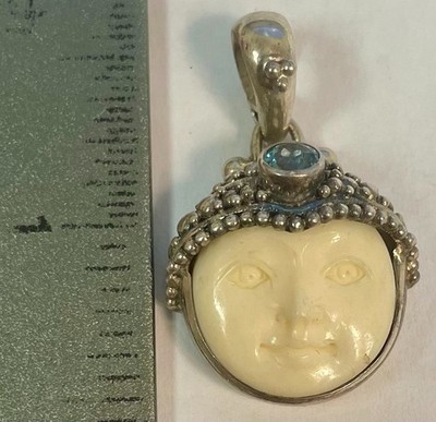 RARE Beautiful SAJEN Sterling Silver 925 Carved Moon Face Pendant With Aqua