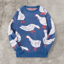 Women's Crewneck Jumper Chic Coquette Swan Knit Sweater Wooly Retro Pullover