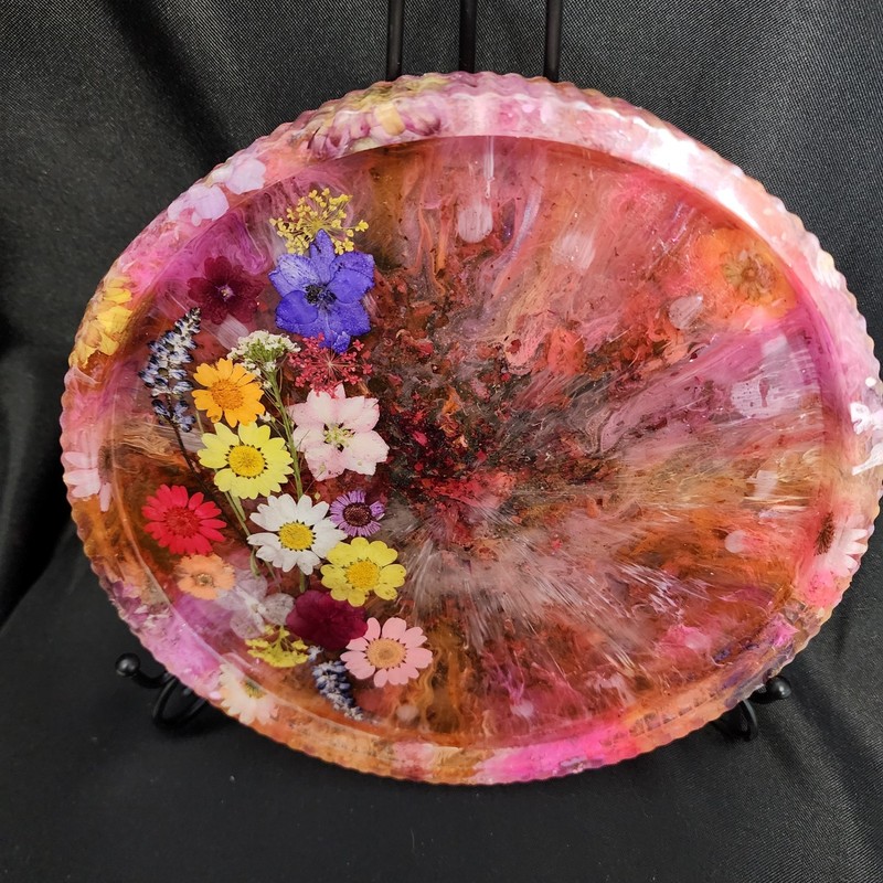 One Of A Kind 3D Epoxy Resin Tray With Preserved Flower 8.5"-Signed By Artist