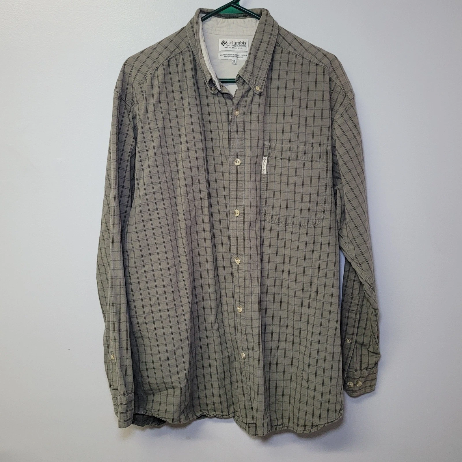 Columbia Mens XL Shirt Long Sleeve Button Down Plaid Green Gray Cotton
