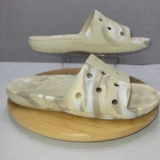 Crocs Mens M 9 Slides Tan Brown White Marble Comfort Slip On Sandals