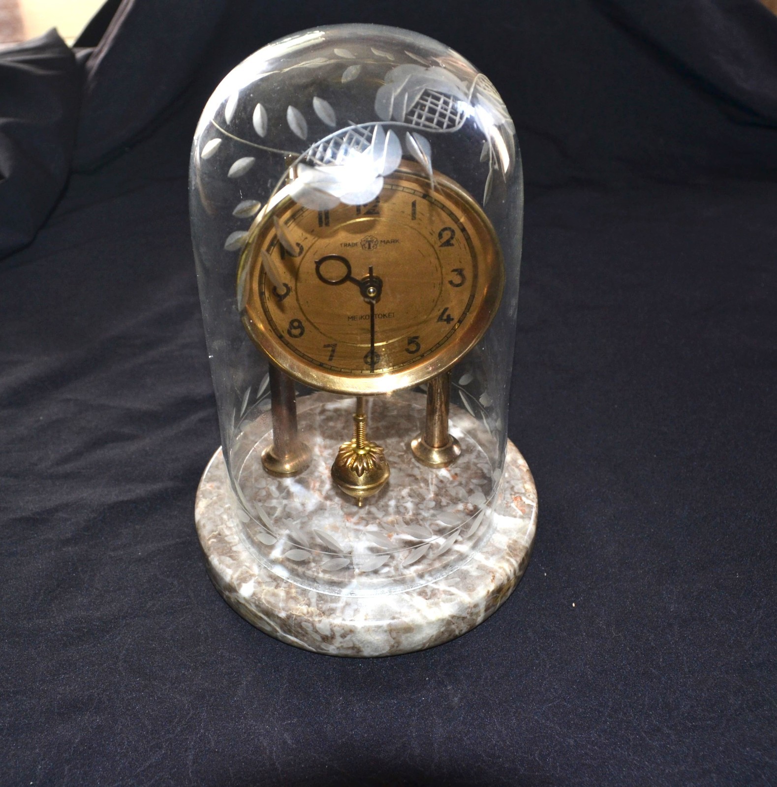 RARE Antique Meiko Tokie dome clock--Etched Glass/Marble Bas