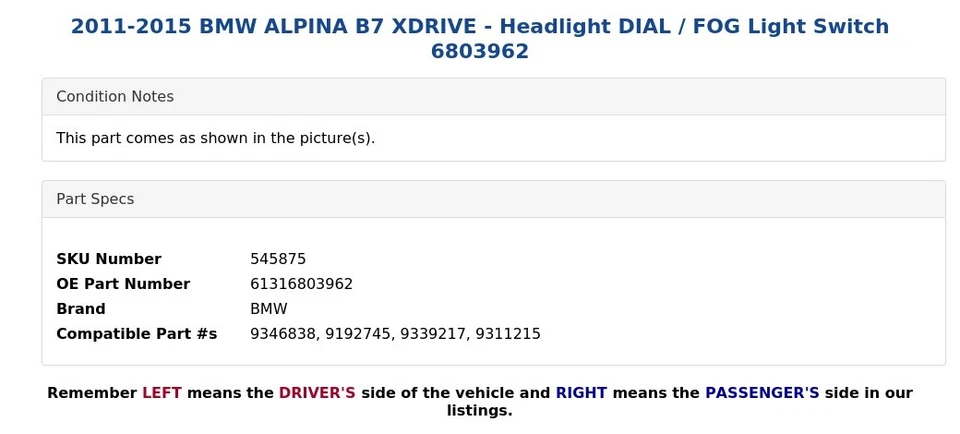 BMW ALPINA B7 XDRIVE 2011-2015 - Interruptor de luz antiniebla/esfera de faros 6803962 Foto 4 de 4