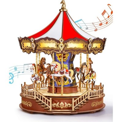DIY Wooden Carousel Music Box Puzzle, Light-Up Model Christmas Gift