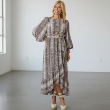 Zimmermann Snakeskin Midi Dress Size 1 /AU 10/US 6 Silk Long Sleeve Ruffle NWT