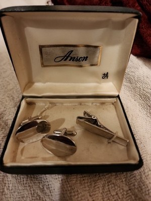 Antique Anson Sterling Silver Men's Cufflinks & Tie Clip In Original Box 