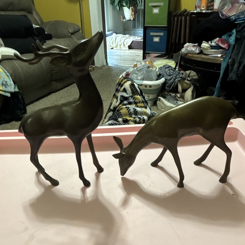 Metal Deer Figurines 2-Piece Set Stag & Doe Brass Tone Marked Made in Korea