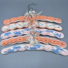 Lot Of 5 Vintage Handmade Crocheted / Knitted Wooden Hangers Multicolor 13.5" 4